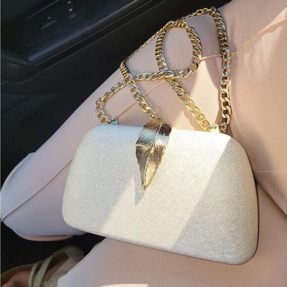 Handbags - Ivory Evening Crossbody Clutch Purse with Gold Leaf Snap Luxury Vegan Leather